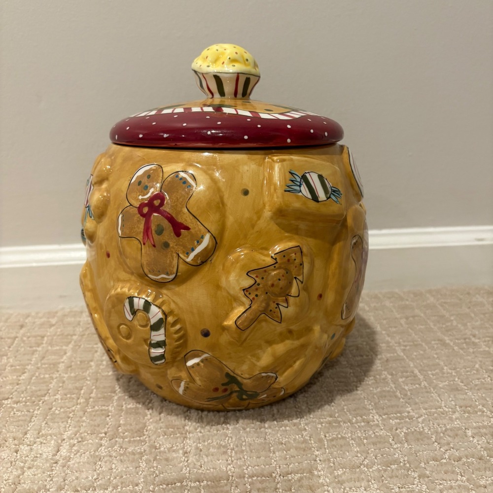 Laurie Gates Ceramic Christmas Cookie Jar Gingerbread Candy‎ Cupcake Lid Holiday